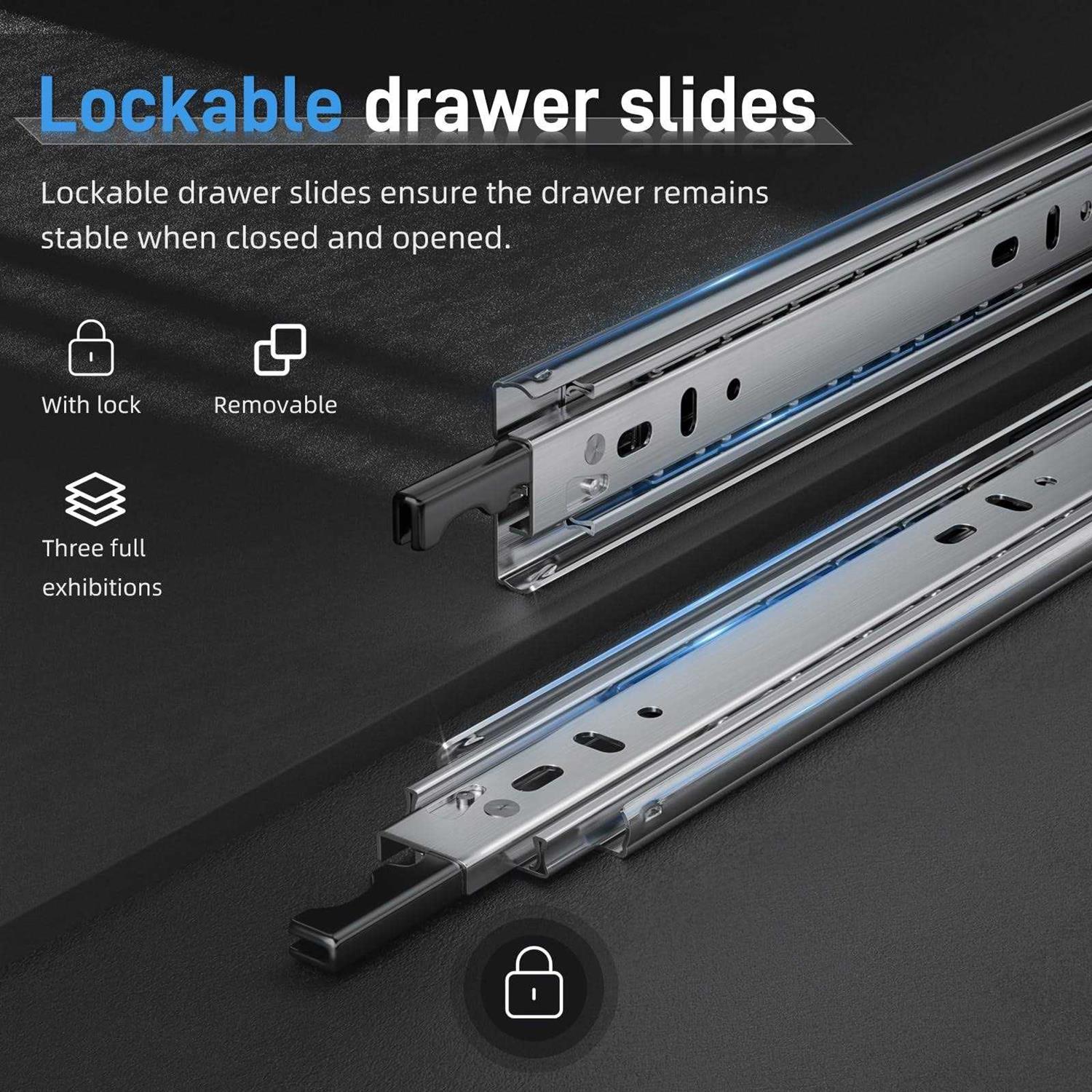 PHWALK 1 Pair Heavy Duty Drawer Slides with Lock Full Extension Ball Bearing Cabinet Telescoping Sliding Rails Tool Box Runners - Image 4