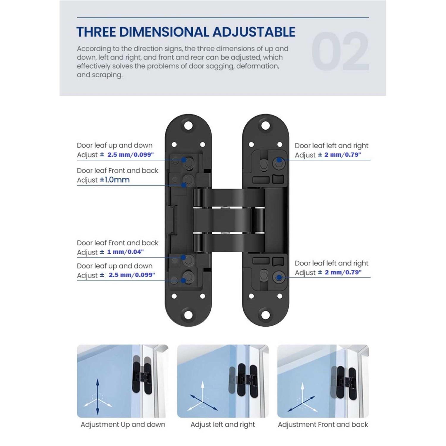 Villar Home Designs Hidden Invisible Concealed Door Hinge 3D 3-Way Adjustable 180 Degree Swing Finish - Image 4