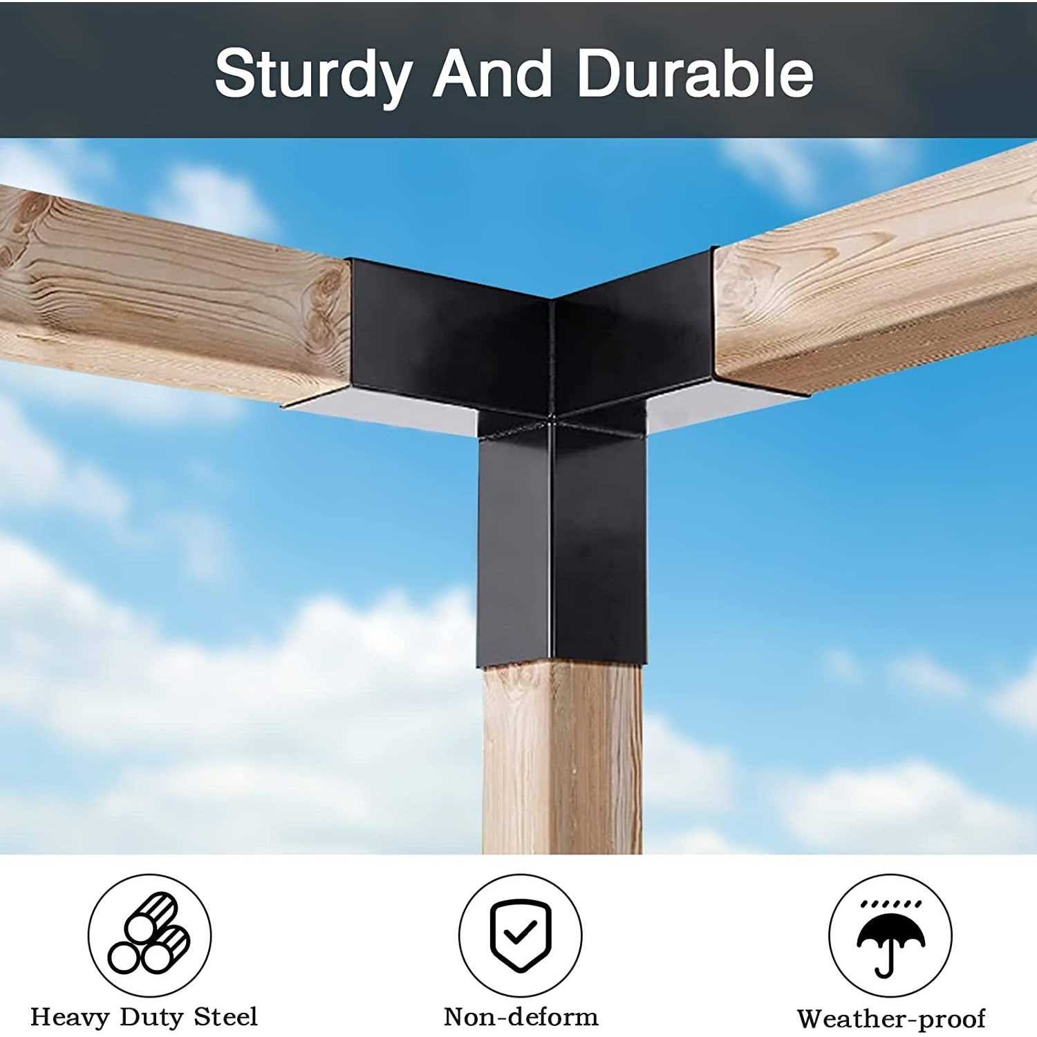 FMhotu 4 Pack DIY Woodworks Pergola Brackets Kit, 4x4(Actual: 3.5x3.5 inch) 3-Way Right Angle Corner Bracket, Steel Pergola Bracket with Black - Image 3