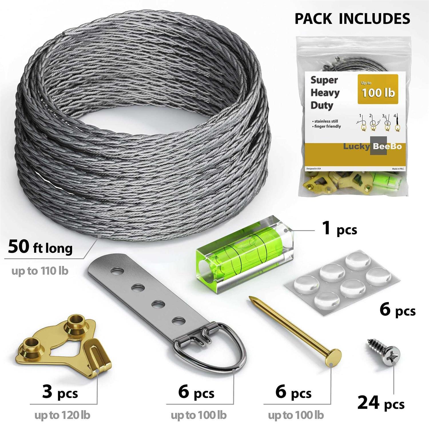 Heavy Duty Picture Wire Hanging Kit D-Ring Screws Hanging Hooks,Level. Supports up to 110 lbs 50+ Feet Stainless Steel Wire Hanger - Image 4
