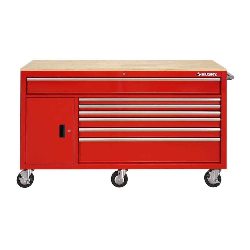 Husky 61 in. W x 22.1 in D Standard Duty 7-Drawer 1-Door Mobile Workbench Tool Chest with Solid Wood Top in Gloss Red