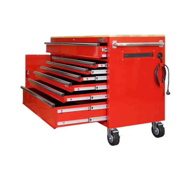 Husky 61 in. W x 22.1 in D Standard Duty 7-Drawer 1-Door Mobile Workbench Tool Chest with Solid Wood Top in Gloss Red - Image 4