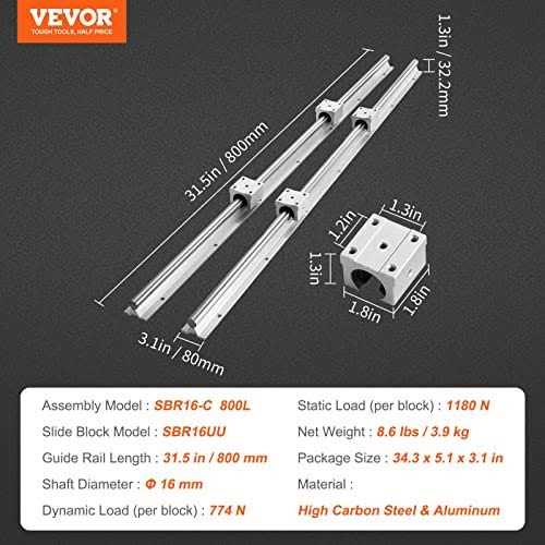 VEVOR Linear Guide Rail Set, SBR16 800mm, 2 PCS 31.5 in/800 mm SBR16 Guide Rails and 4 PCS SBR16UU Slide Blocks - Image 5