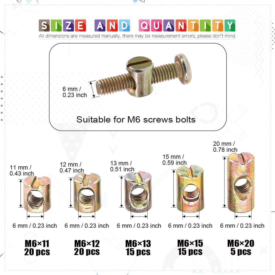 Glarks 75pcs Metric M6 Barrel Nuts Cross Dowels Slotted Nuts Furniture Nuts for Beds Crib and Chairs - Image 3