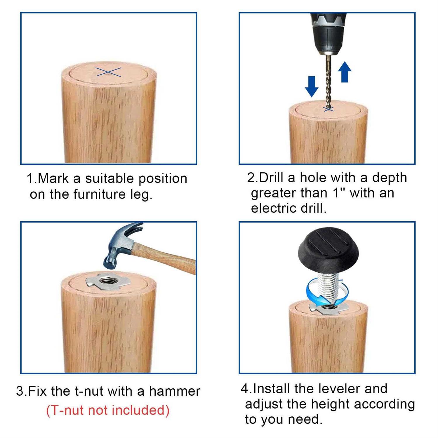 1/4-20‘‘UNC Thread Adjustable Furniture Levelers Table Feet Screw in Threaded - Image 3
