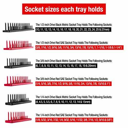 Aiuitio 6PCS Socket Organizer Tray Set, Red SAE & Black Metric Socket Storage Trays, 1/4-Inch, 3/8-Inch & 1/2-Inch Drive Deep and Shadow Socket - Image 3