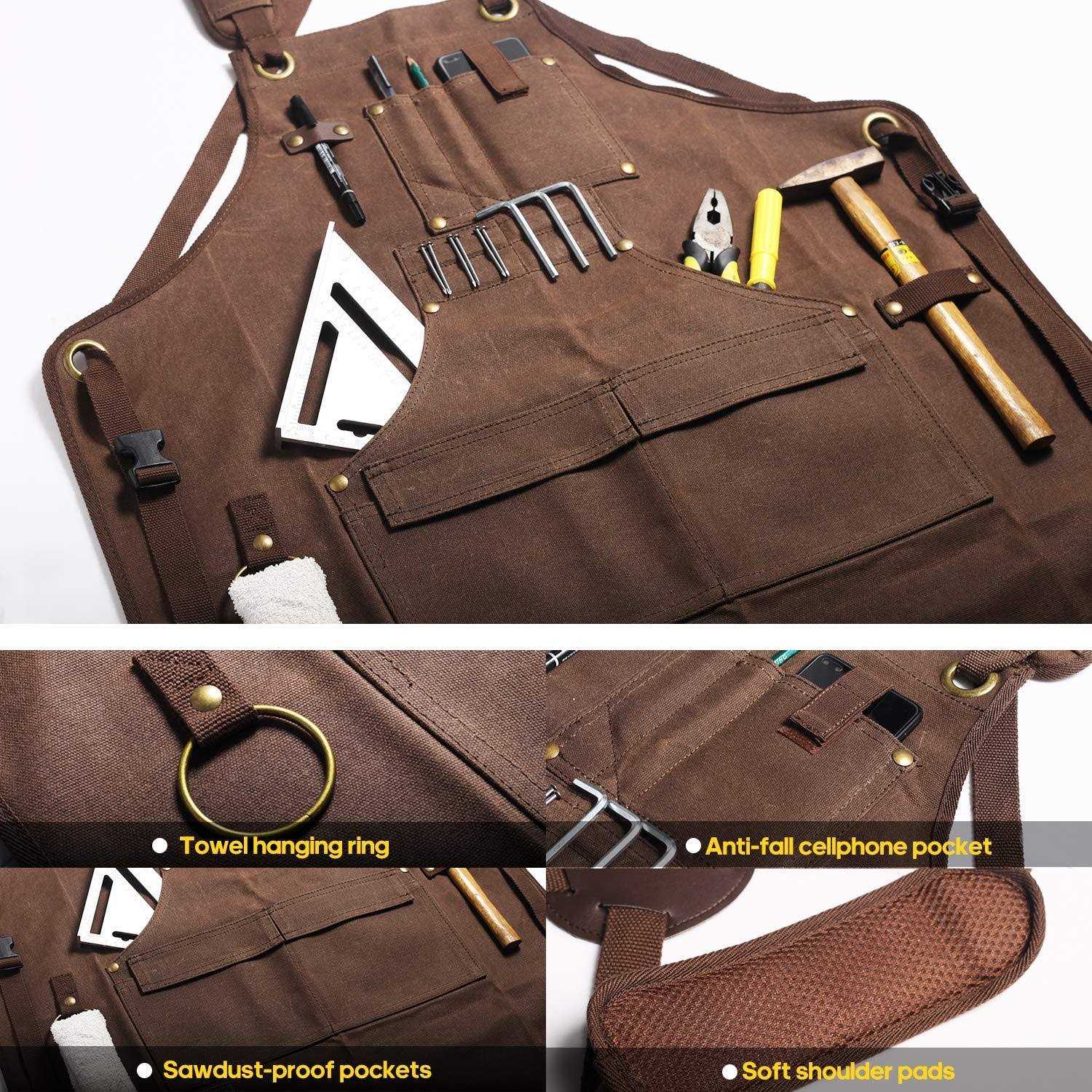 TIPKITS Woodworking Apron with 9 Tool Pockets Work Aprons 20 oz Waxed Canvas with Magnetic Holders - Image 4