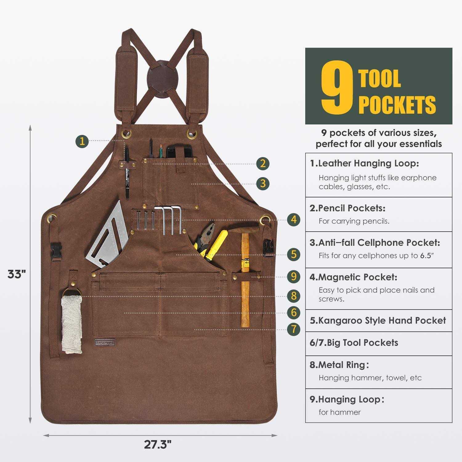 TIPKITS Woodworking Apron with 9 Tool Pockets Work Aprons 20 oz Waxed Canvas with Magnetic Holders - Image 5