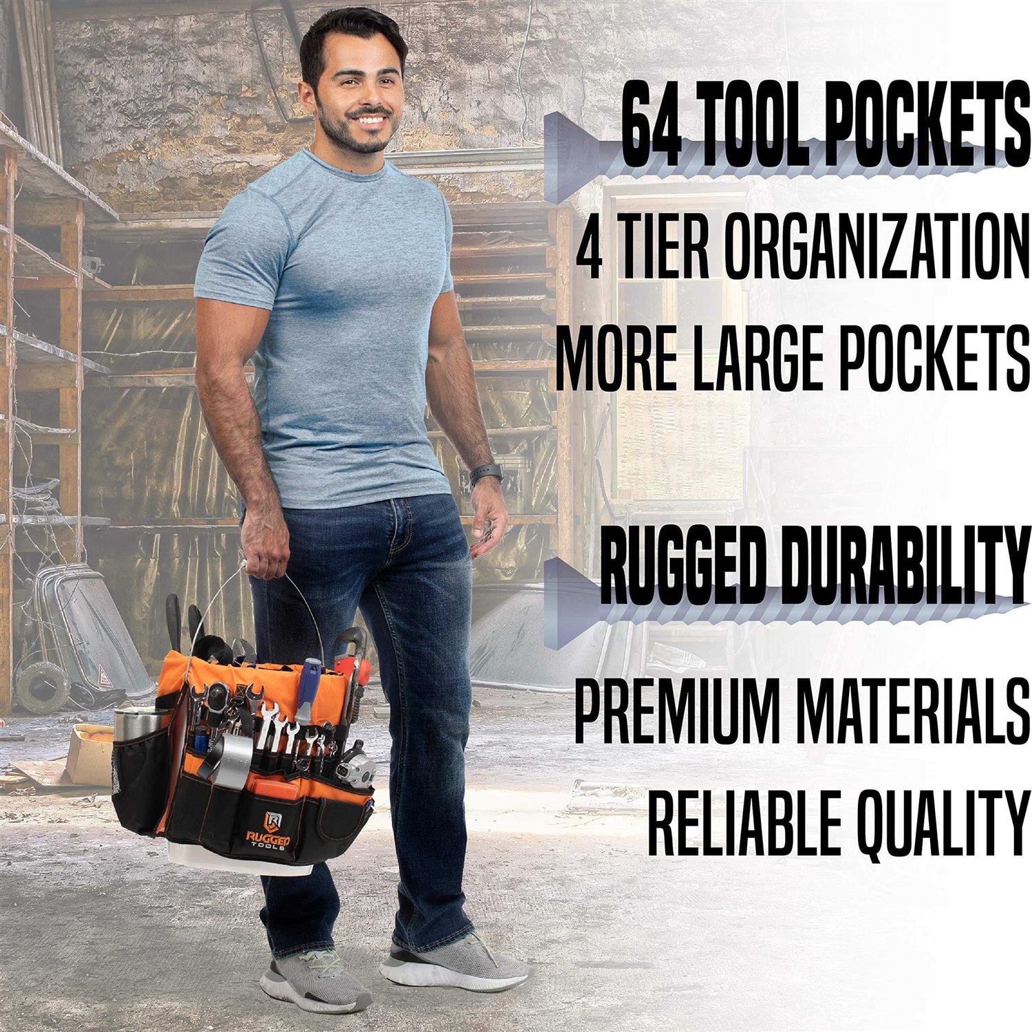 Rugged Tools Bucket Tool Organizer 64 Pocket Bucket Caddy for 5 Gallon Buckets - Image 4