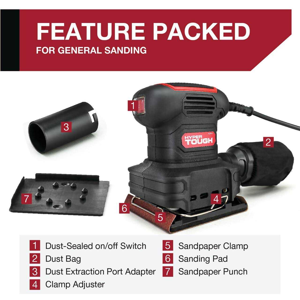 Hyper Tough 2 Amp Corded 1/4 Sheet Palm Sander with Dust Bag - Image 4