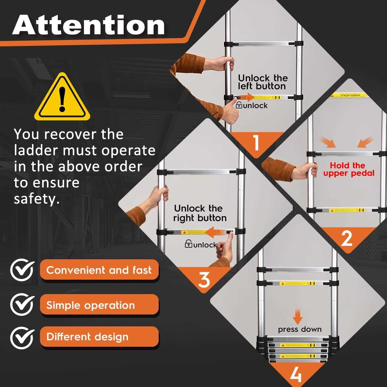 Telescoping Ladder SocTone Aluminum Lightweight Extension Ladder with 2 Triangle Stabilizers - Image 3