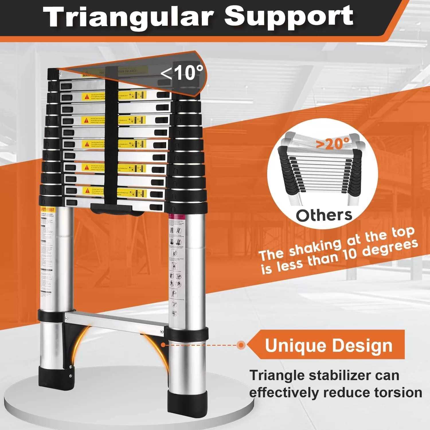 Telescoping Ladder SocTone Aluminum Lightweight Extension Ladder with 2 Triangle Stabilizers - Image 4