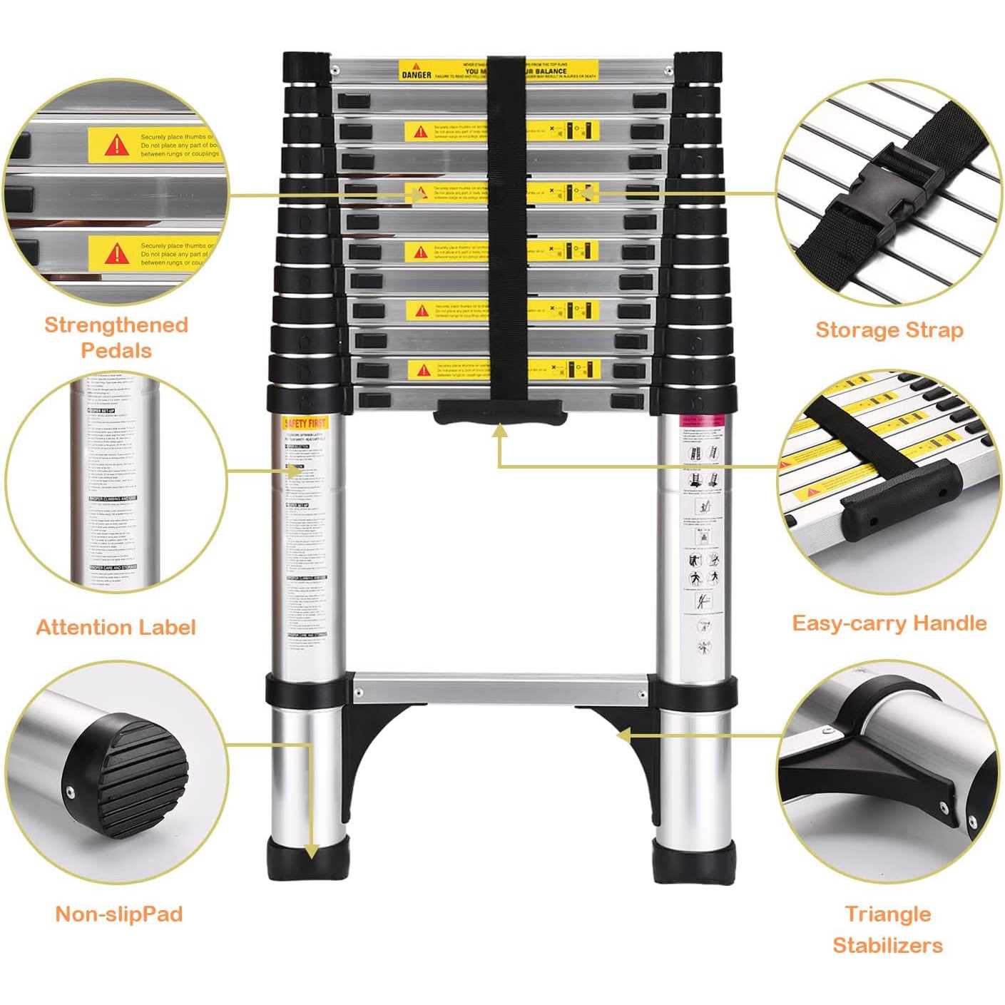 Telescoping Ladder SocTone Aluminum Lightweight Extension Ladder with 2 Triangle Stabilizers - Image 5