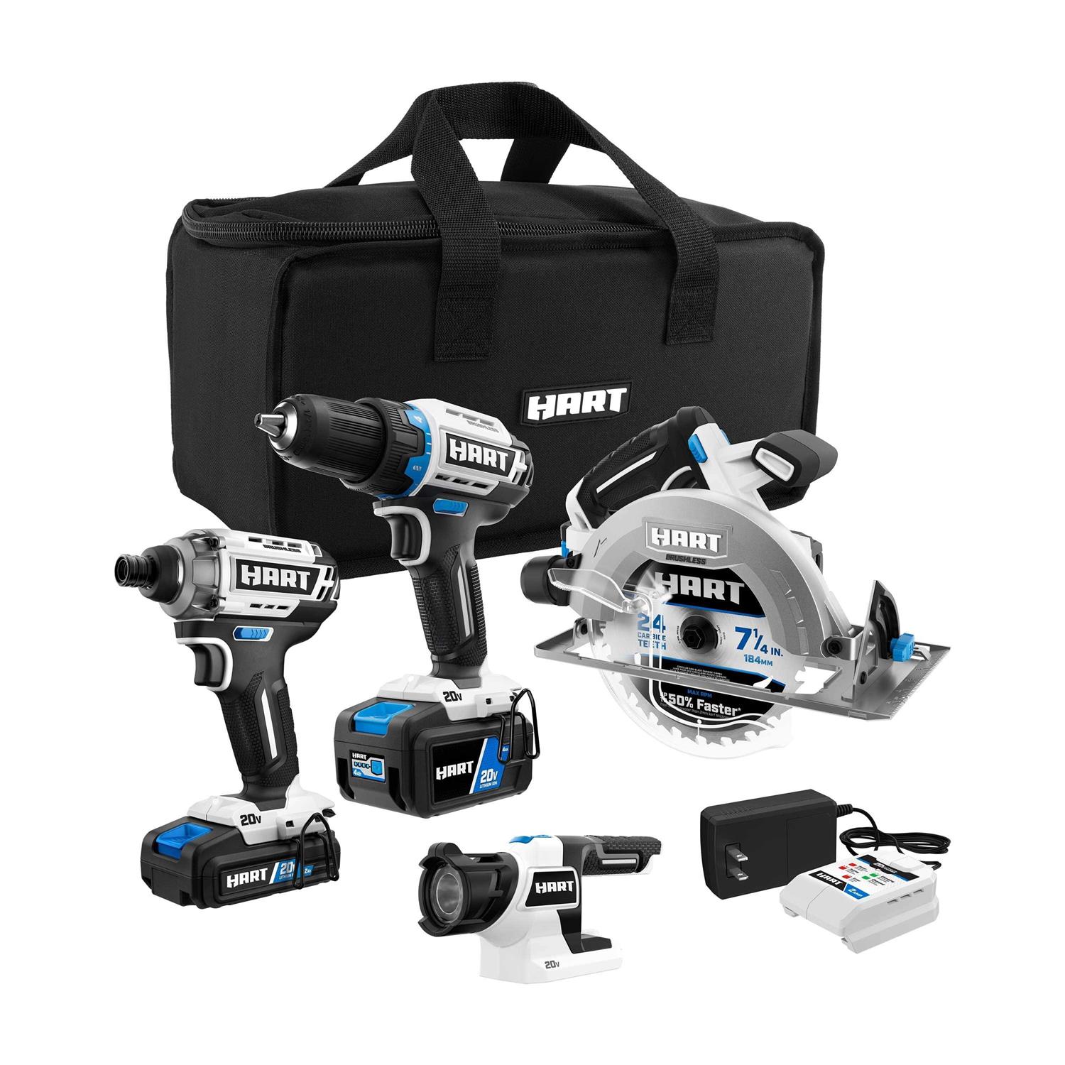 Hart 20-Volt Brushless 4-Tool Combo Kit 20-Volt 2Ah Lithium-Ion Battery 20-Volt 4Ah Lithium-Ion Battery