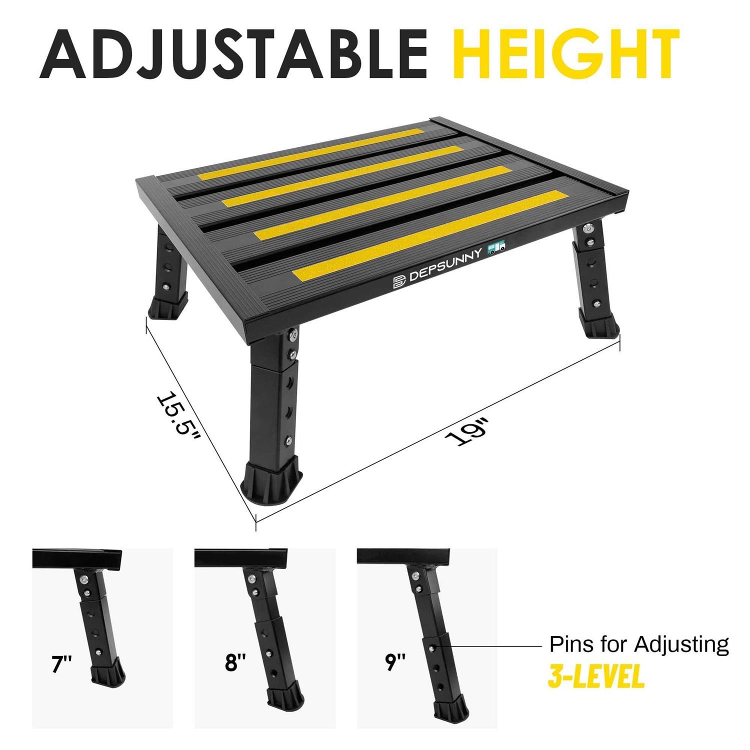 DEPSUNNY Adjustable Height Aluminum RV Step, Stable Foldable Platform Step Stool, Supports Up to 1,000 lb, Non-Slip Rubber Feet and Platform Mat - Image 3
