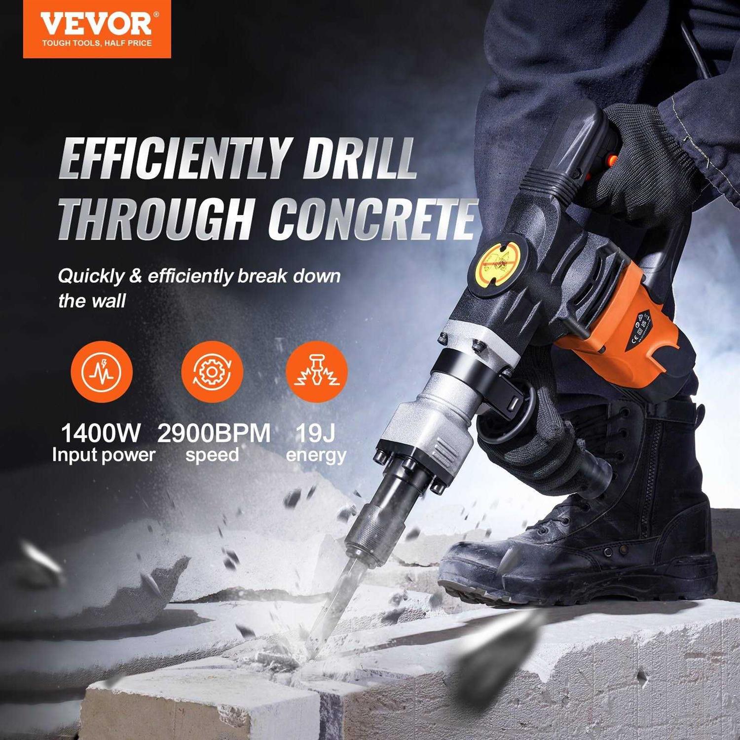 VEVOR Demolition Jack Hammer Concrete Breaker 1400W Electric Hammer 2 Chisel Bit - Image 3
