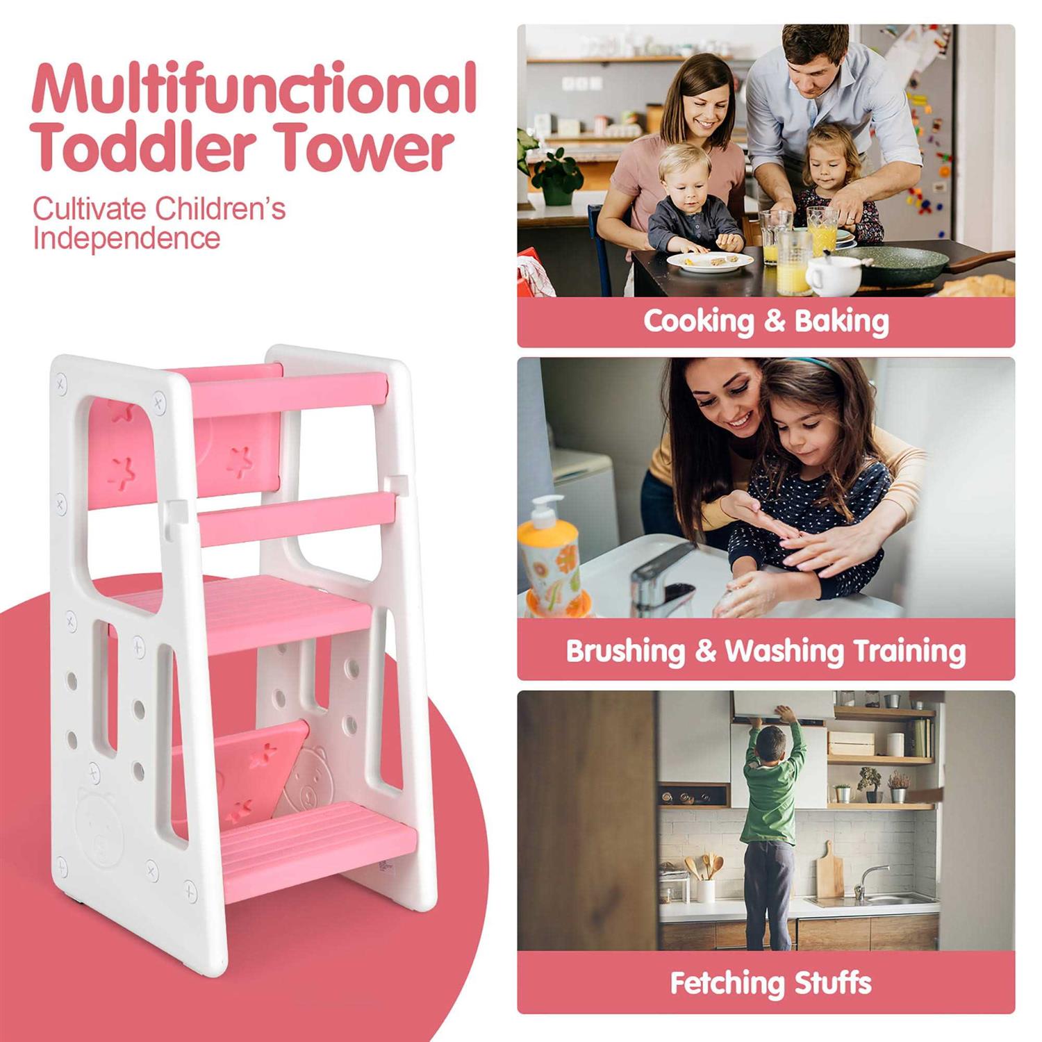 Costway Kids Kitchen Step Stool with Double Safety Rails Toddler Learning Stool - Image 3