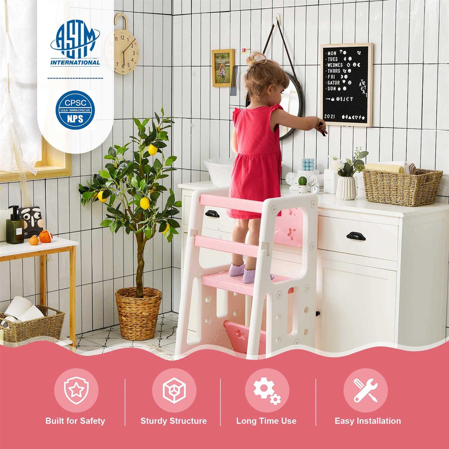 Costway Kids Kitchen Step Stool with Double Safety Rails Toddler Learning Stool - Image 4
