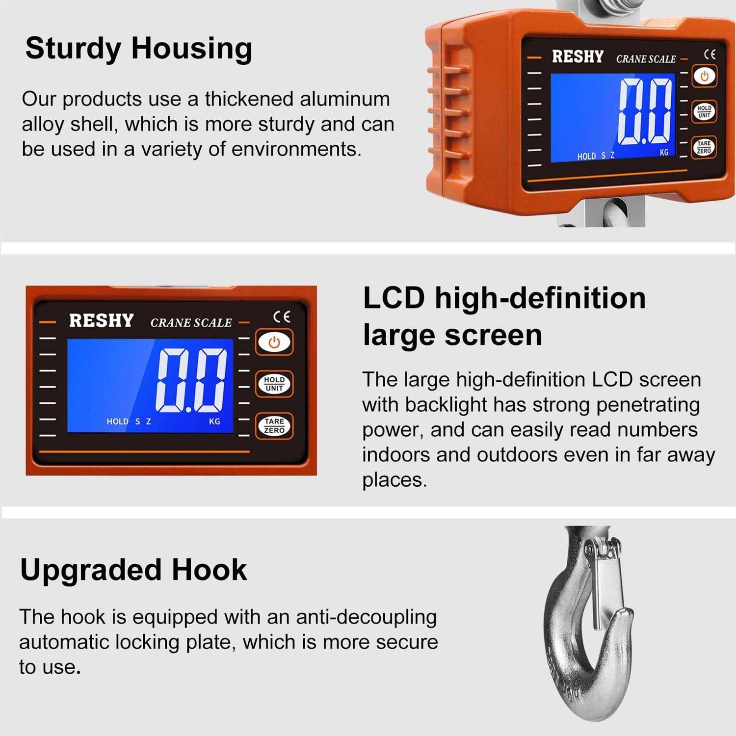 RESHY Digital Crane Scale 2000lb/1000Kg Digital Hanging Scale Industrial Heavy Duty Crane Scale for Farm,Factory,Construction,Hunting CE Certified - Image 5