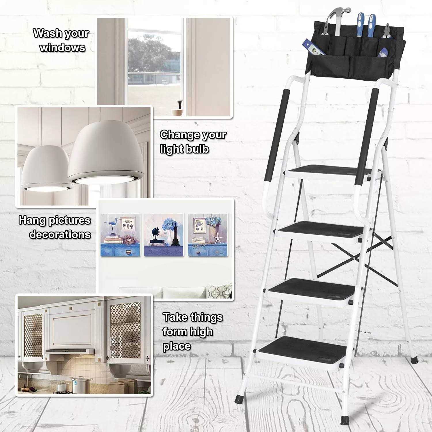 WiberWi 4 Step Ladder with Handrails 500 lb Capacity Step Stool Folding Portable Ladders for Home Kitchen Steel Frame with Non-Slip Wide Pedal - Image 4