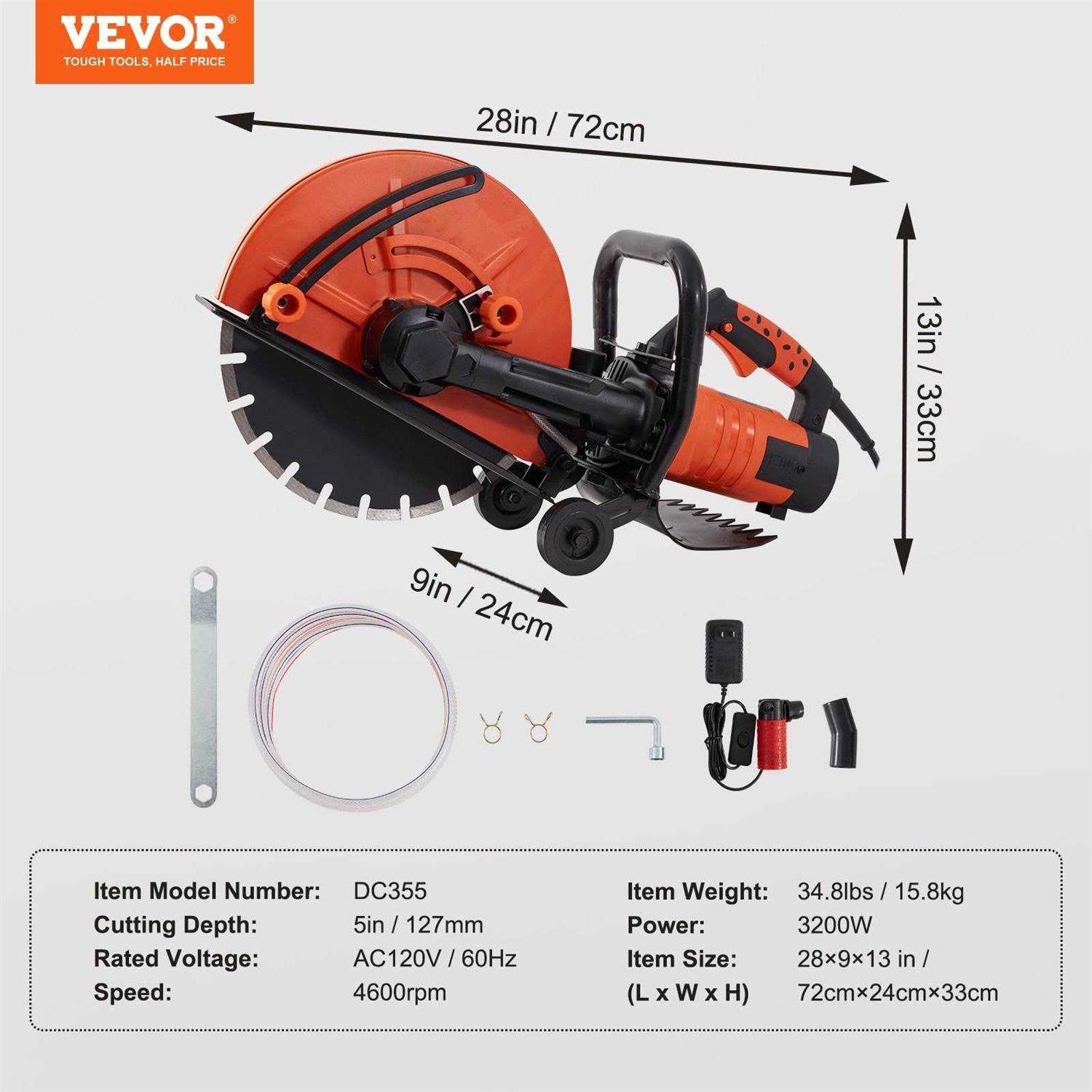 VEVOR Electric Concrete Saw, 14 in Circular Saw Cutter with 5 in Cutting Depth, Wet/Dry Disk Saw Cutter Includes Water Line, Pump and Blade - Image 4