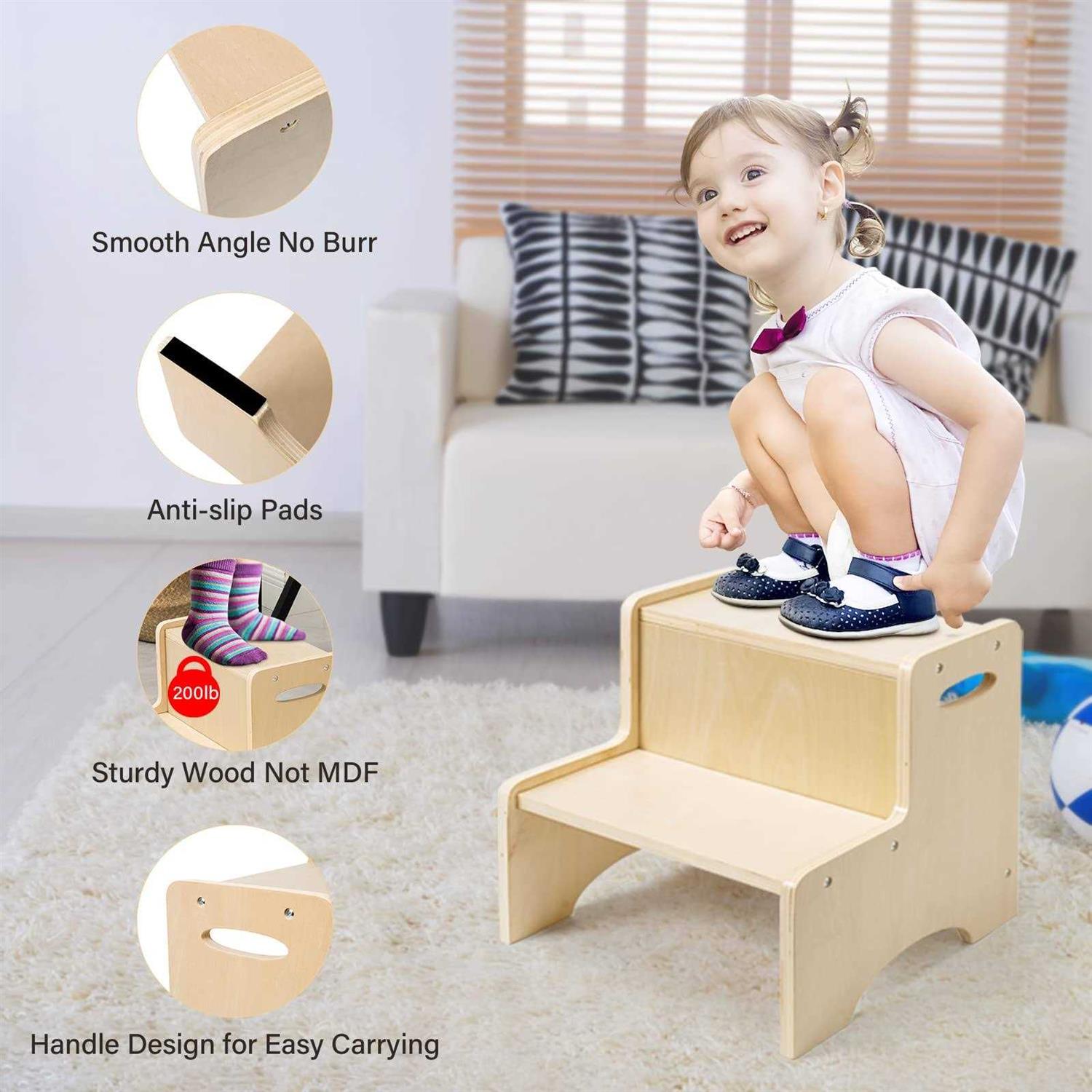Wood City Wooden Toddler Step Stool for Kids Bathroom Potty Stool & Kitchen Stool - Image 4