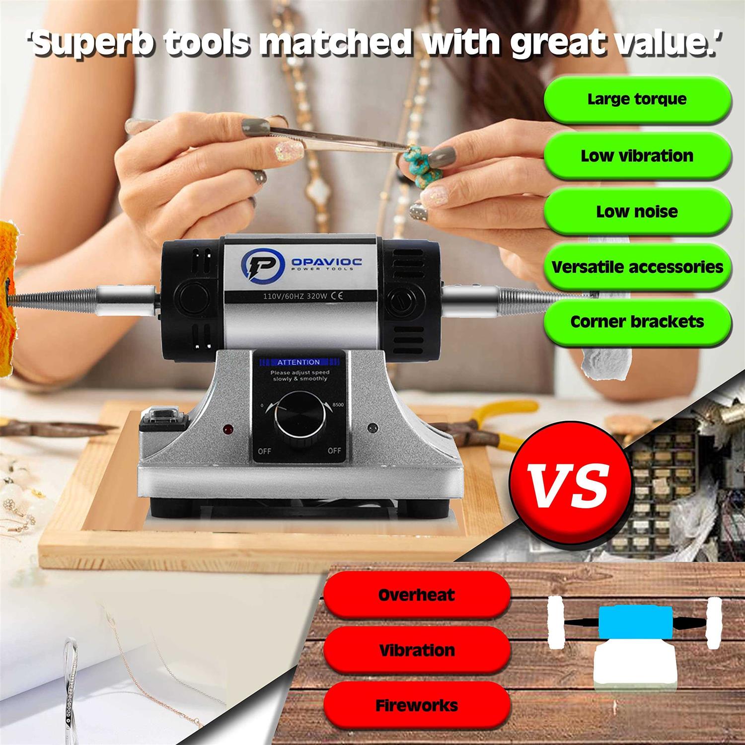 OPAVIOC Jewelry Polisher Adjustable Variable Speed Bench Grinder Polishing & Buffing Machine - Image 2