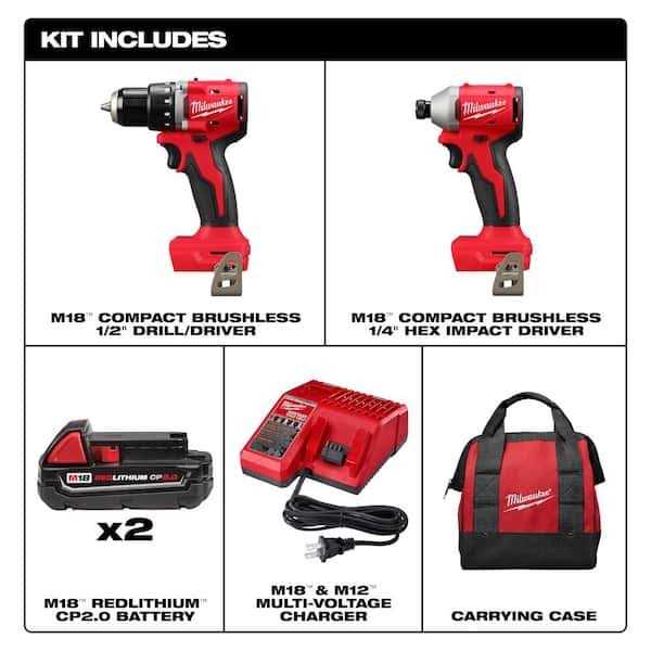 Milwaukee M18 18V Lithium-Ion Brushless Cordless Compact Drill/Impact Combo Kit - Image 2