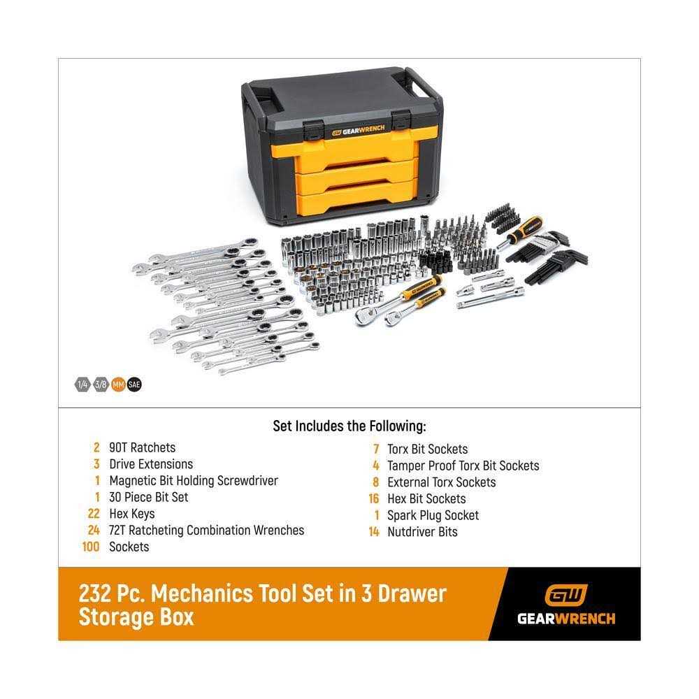 GEARWRENCH 1/4 in. and 3/8 in. Drive 90-Tooth Standard and Deep SAE/Metric Mechanics Tool Set in 3-Drawer Storage Box - Image 5