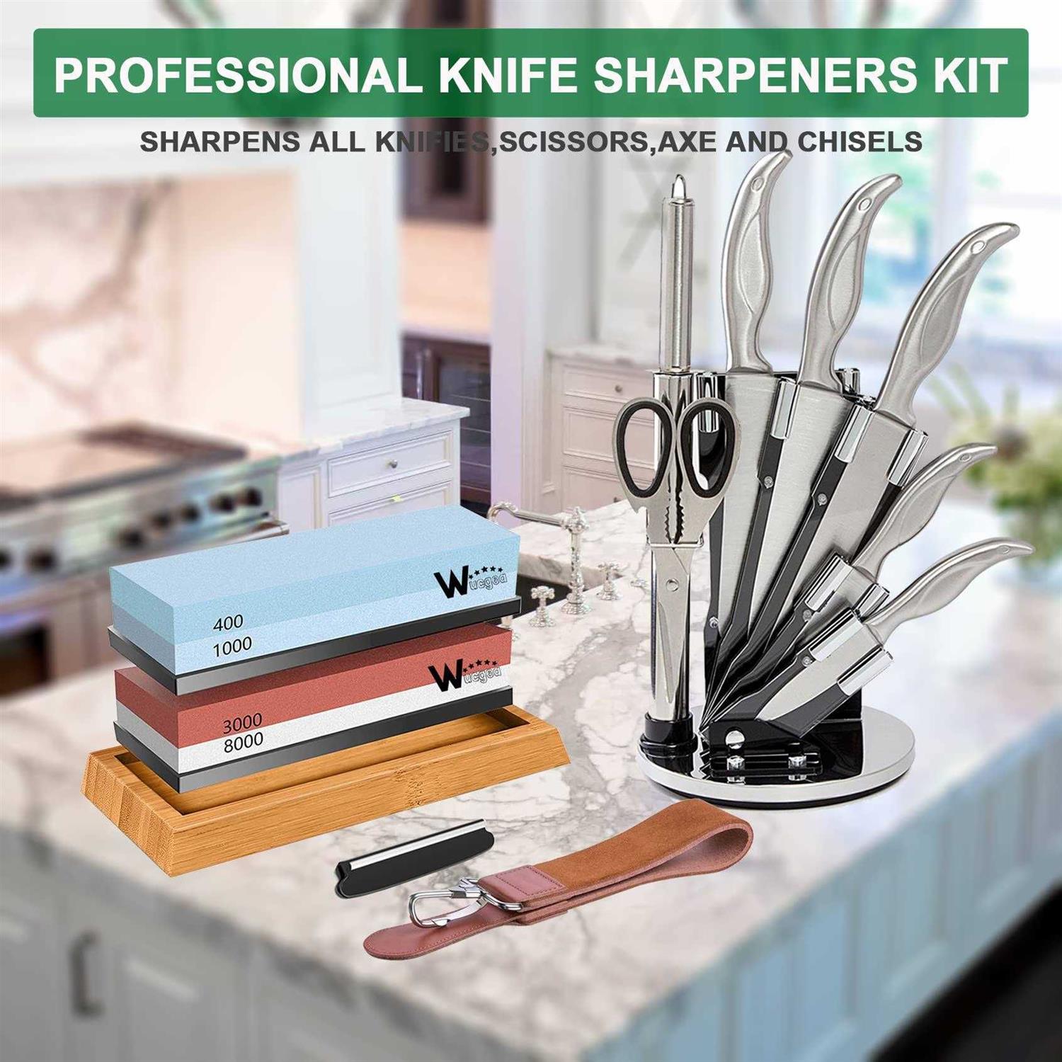 wucgea Knife Sharpening Stone Kit 400/1000 3000/8000 Grit Japanese Whetstone Sharpener Set with Non-Slip Rubber Base Angle Guide Flattening Stone - Image 4
