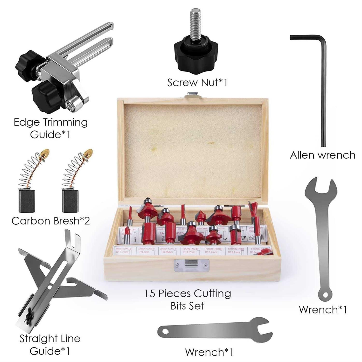 Compact Wood Router Tool 6 Speeds Adjustable Electric Hand Woodworking Trimmer Palm Router kit with 15 PCS Router Bits 800W 110V 33000r/min - Image 3