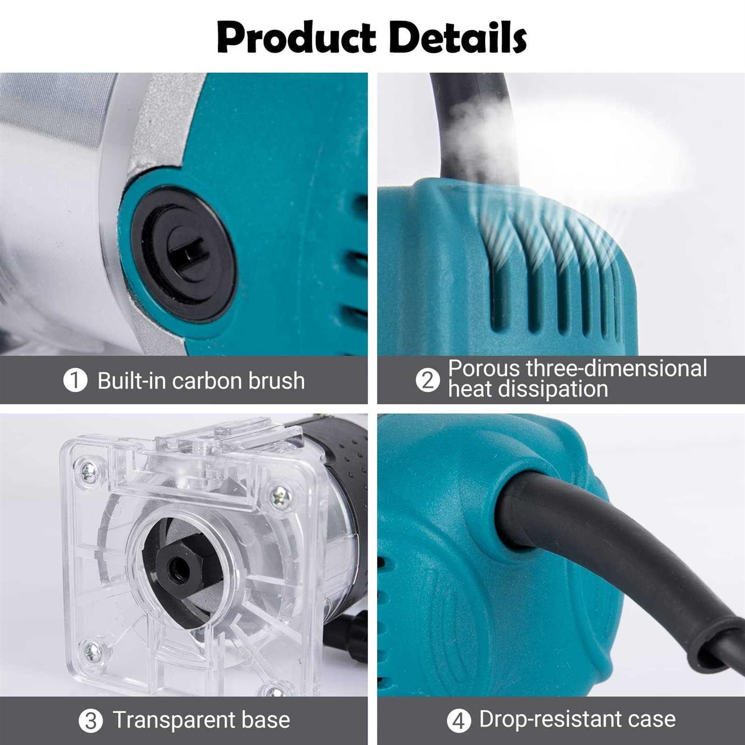 Compact Wood Router Tool 6 Speeds Adjustable Electric Hand Woodworking Trimmer Palm Router kit with 15 PCS Router Bits 800W 110V 33000r/min - Image 5