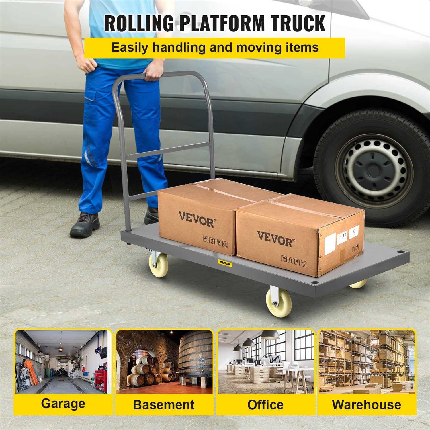 VEVOR Platform Truck 2000 lbs Capacity Steel Flatbed Cart 47 Length x 24 Width x 32 Height Flat Dolly - Image 3