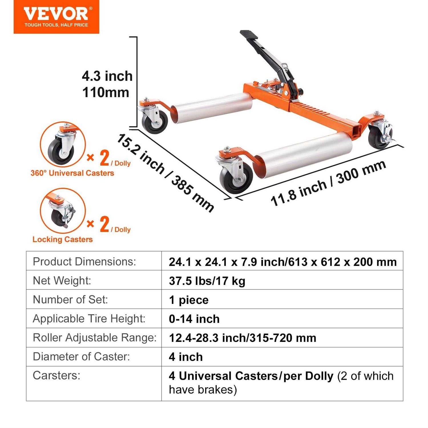 VEVOR Wheel Dolly 1 Piece Wheel Dolly Car Skate Heavy Duty Vehicle Positioning with Ratcheting Foot Pedal - Image 3