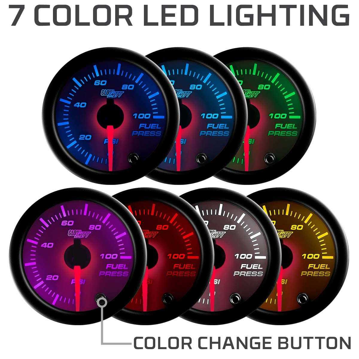 GlowShift 7 Color 100 PSI Pressure Gauge Kit Includes Electronic Sensor - Image 3