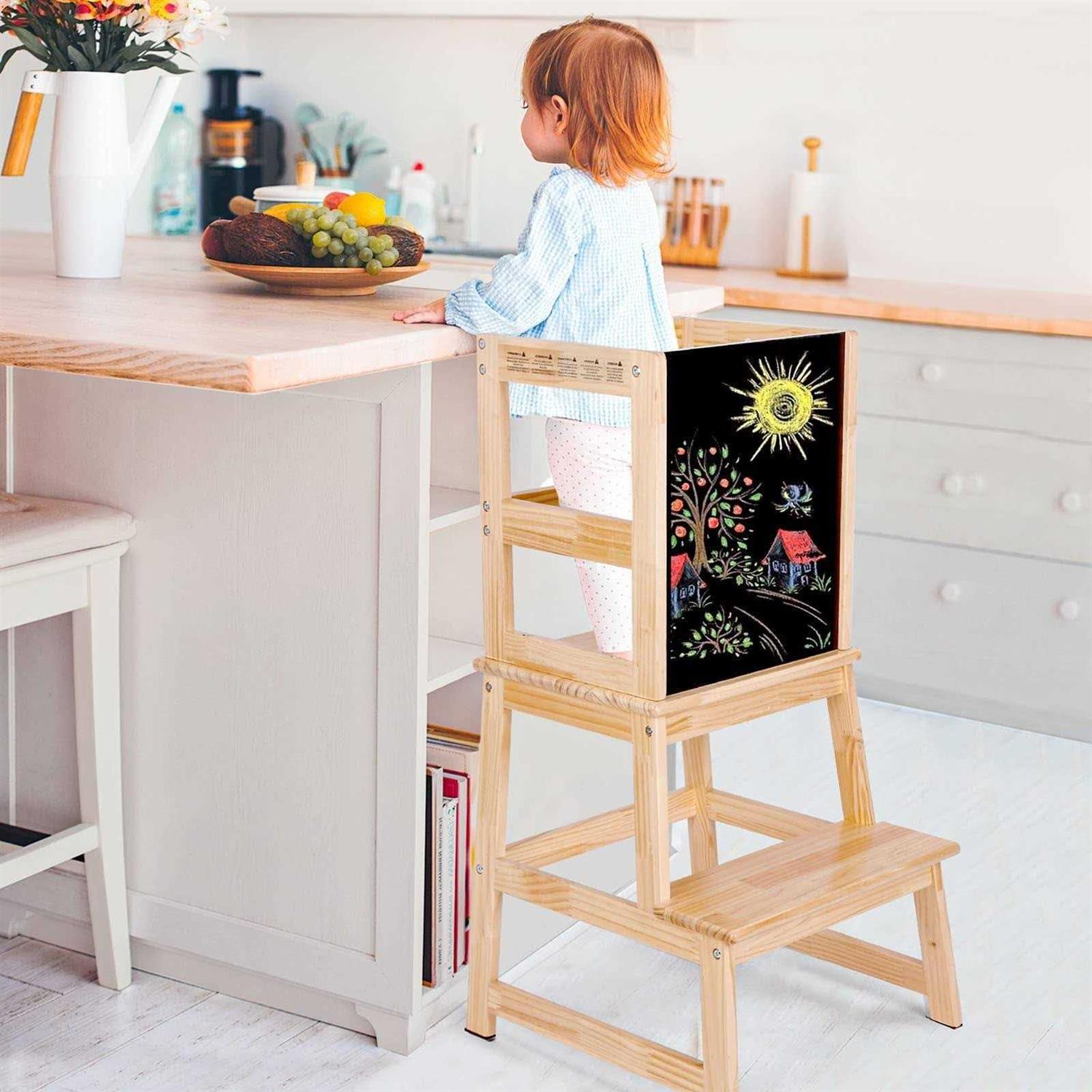 NEEDUX Kids Kitchen Step Stool with Chalkboard & Safety Rail for Toddlers 18 Months and Older