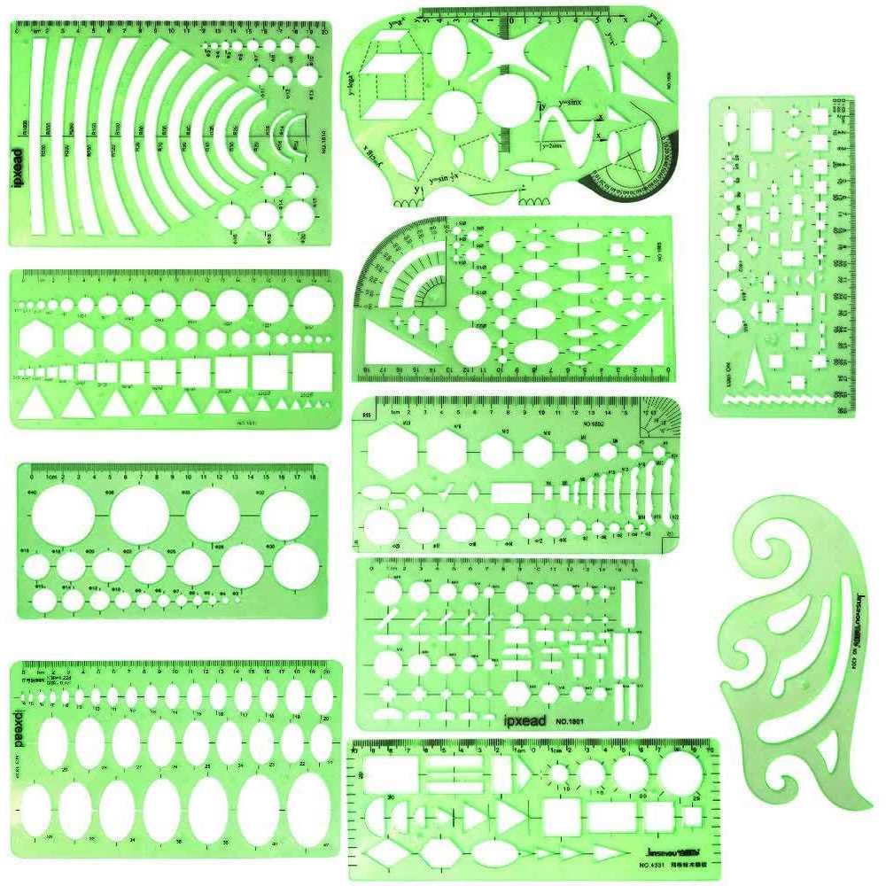 ipxead 11 Piece Geometric Drawing Template Measuring Ruler Transparent Green Plastic Ruler with Portable Plastic Bag