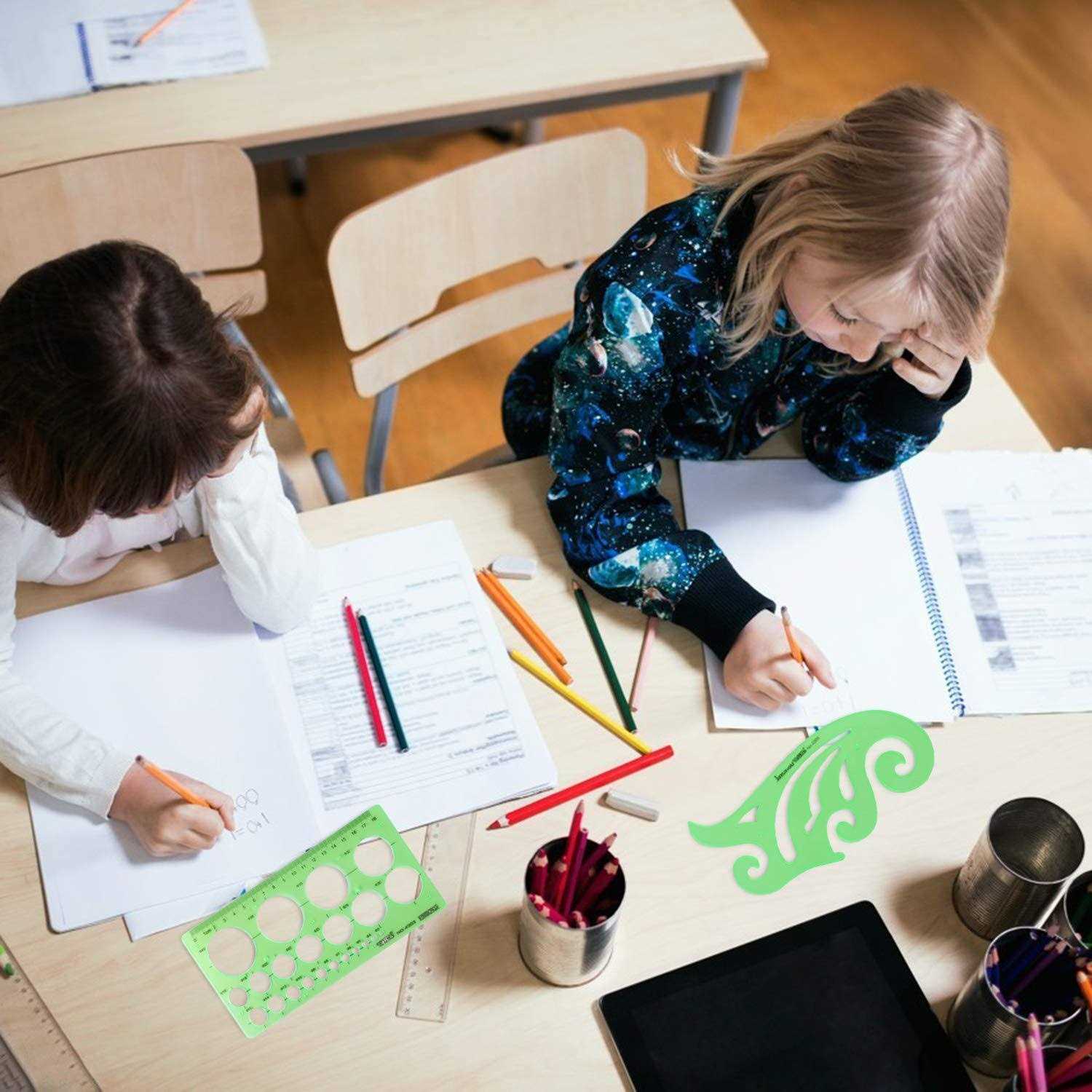 ipxead 11 Piece Geometric Drawing Template Measuring Ruler Transparent Green Plastic Ruler with Portable Plastic Bag - Image 3