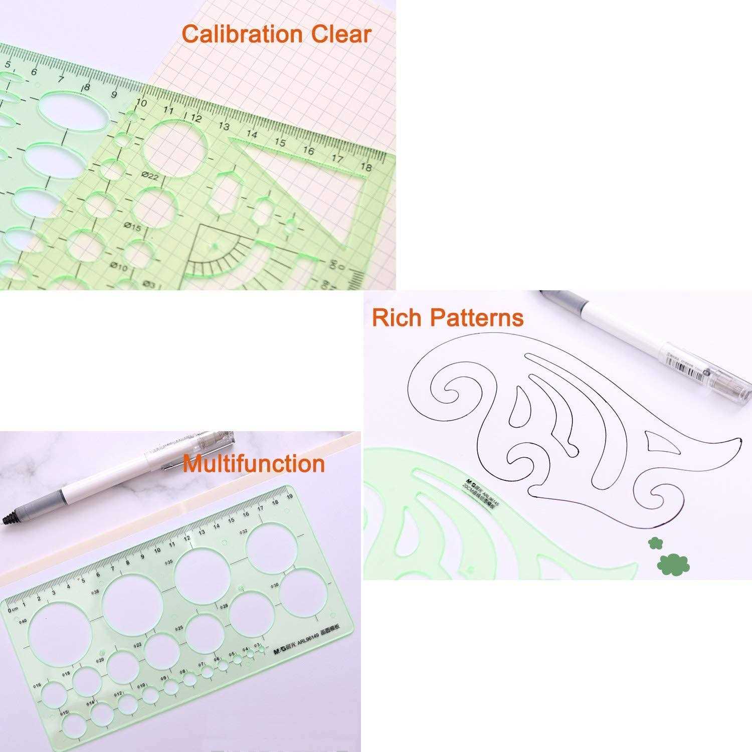 ipxead 11 Piece Geometric Drawing Template Measuring Ruler Transparent Green Plastic Ruler with Portable Plastic Bag - Image 4