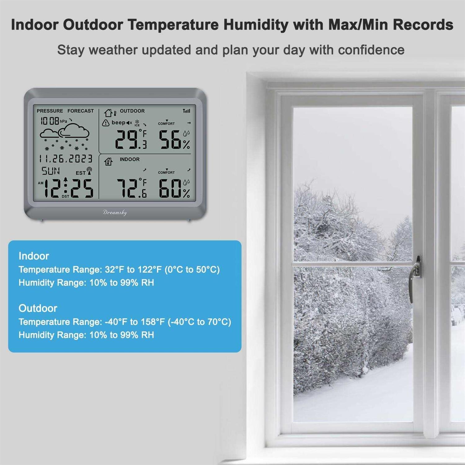 DreamSky Weather Station Wireless Indoor Outdoor Thermometer Humidity Large Display Digital Atomic Weather Clock for Home - Image 4