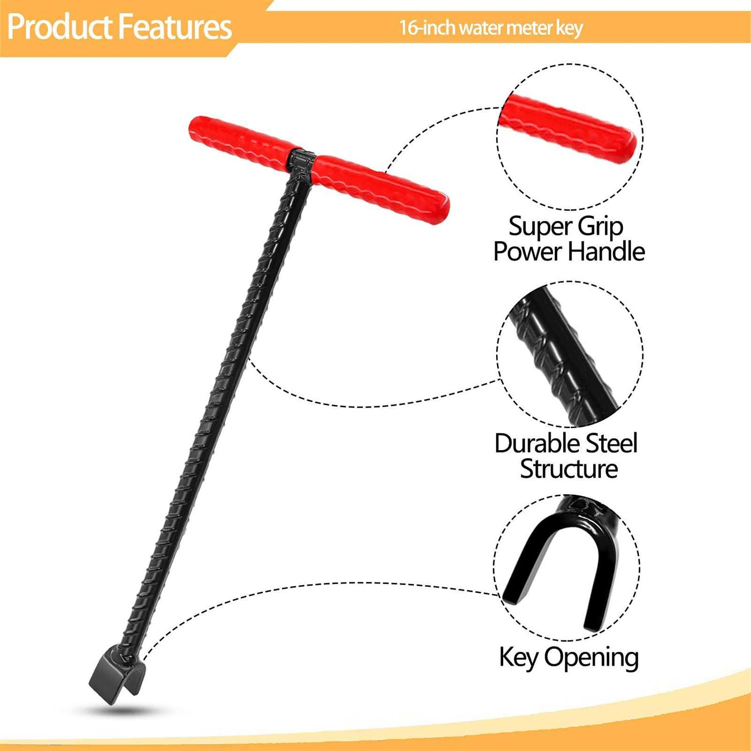 CIZTADA 16 Inch Water Meter Key with 4 Way Multi-functional Water Utilities Key Contractor Grade Valve Shutoff Key Tool for Main Water Meter - Image 4