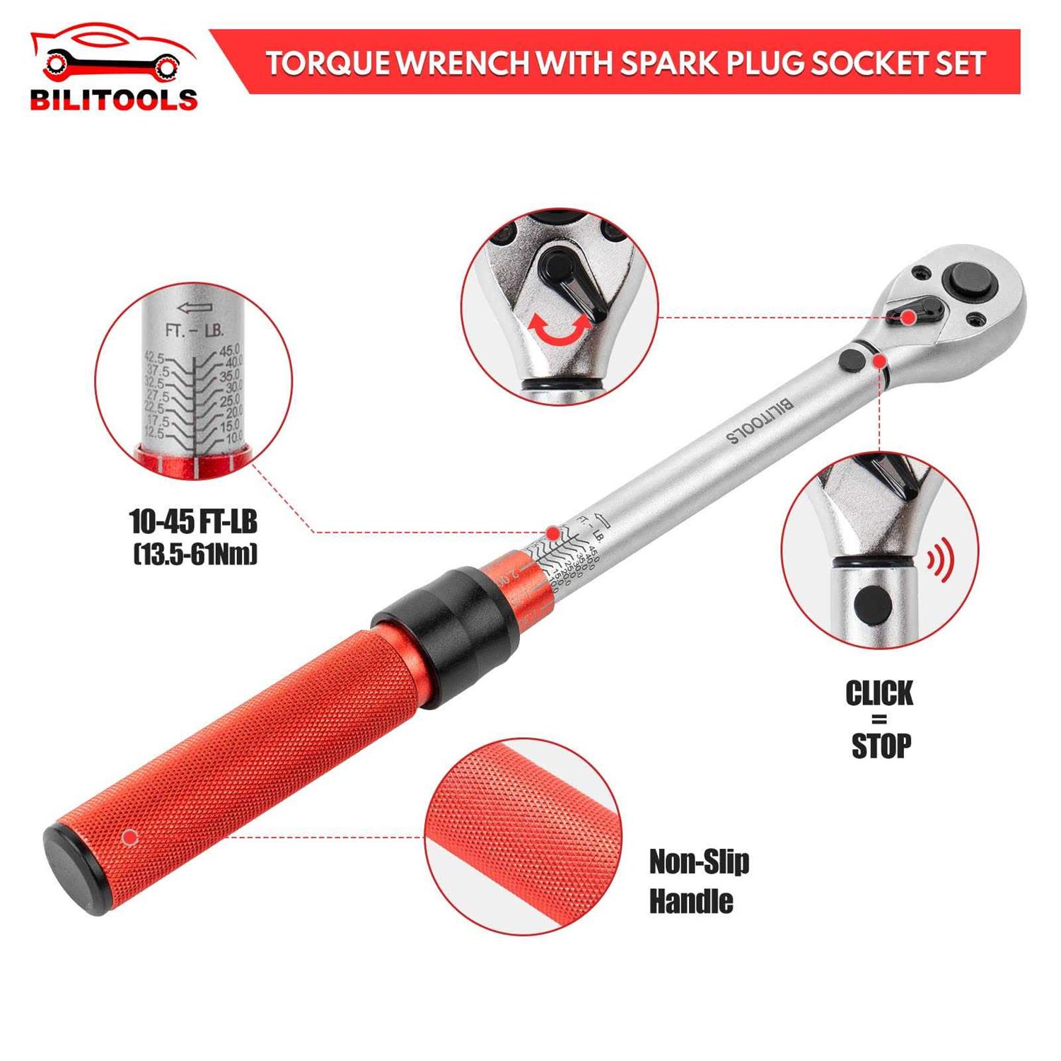 BILITOOLS 9-Piece Spark Plug Socket Set with 3/8 inch Drive Click Torque Wrench - Image 4