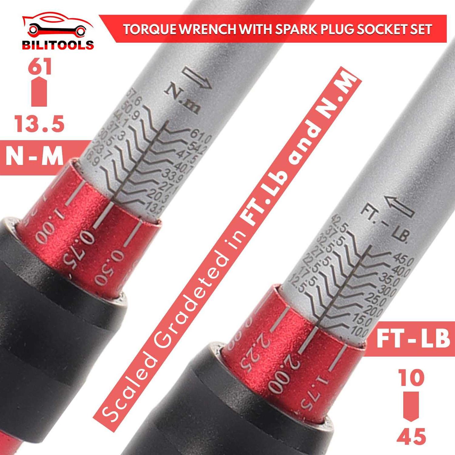 BILITOOLS 9-Piece Spark Plug Socket Set with 3/8 inch Drive Click Torque Wrench - Image 5