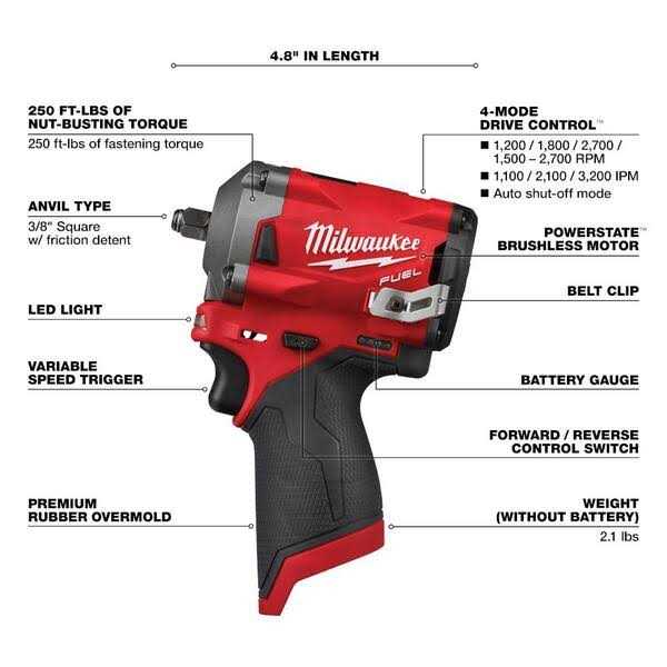 Milwaukee M12 FUEL 12-Volt Lithium-Ion Brushless Cordless Stubby 3/8 in. Impact Wrench w/4.0 Ah Starter Kit - Image 3