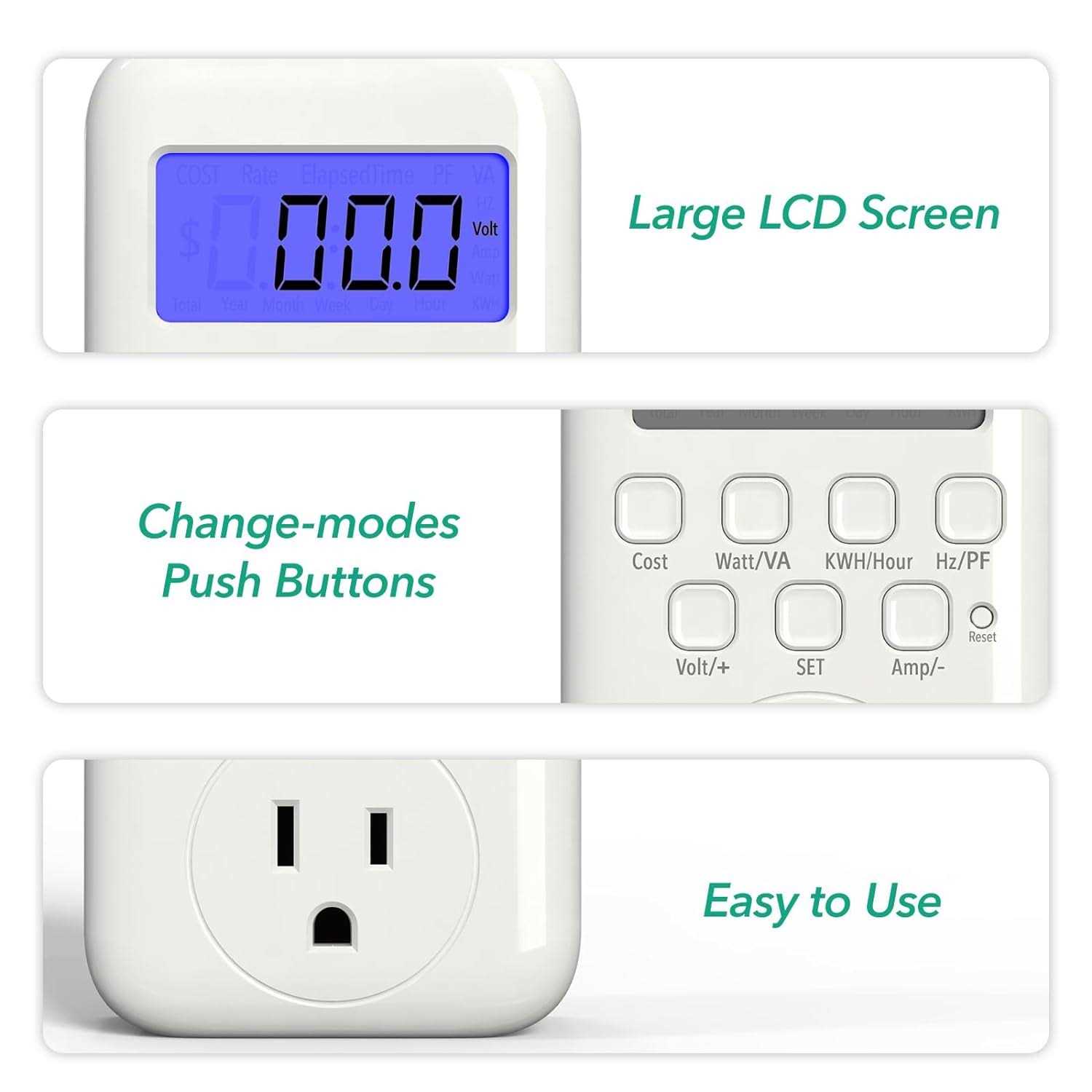 HBN Electricity Usage Monitor LCD Plug in Power Meter Digital Cost Watt/VA KWH/Hour Hz/PH Voltage Amp Meter - Image 3