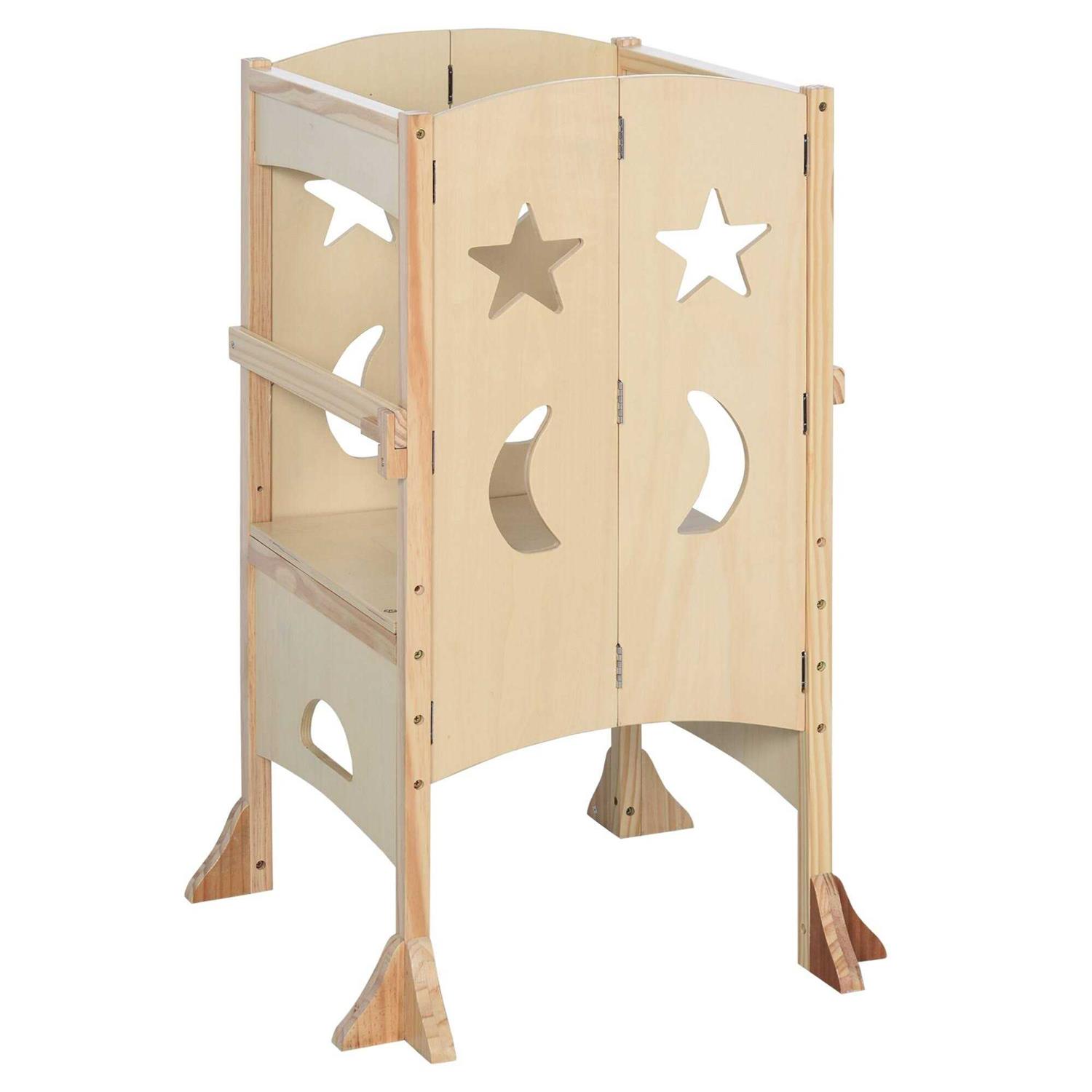 Qaba Wooden Kitchen Step Stool for Kids Foldable Toddler Tower Helper Stool for Kitchen Counter with Support Handles Safety Rail - Image 5