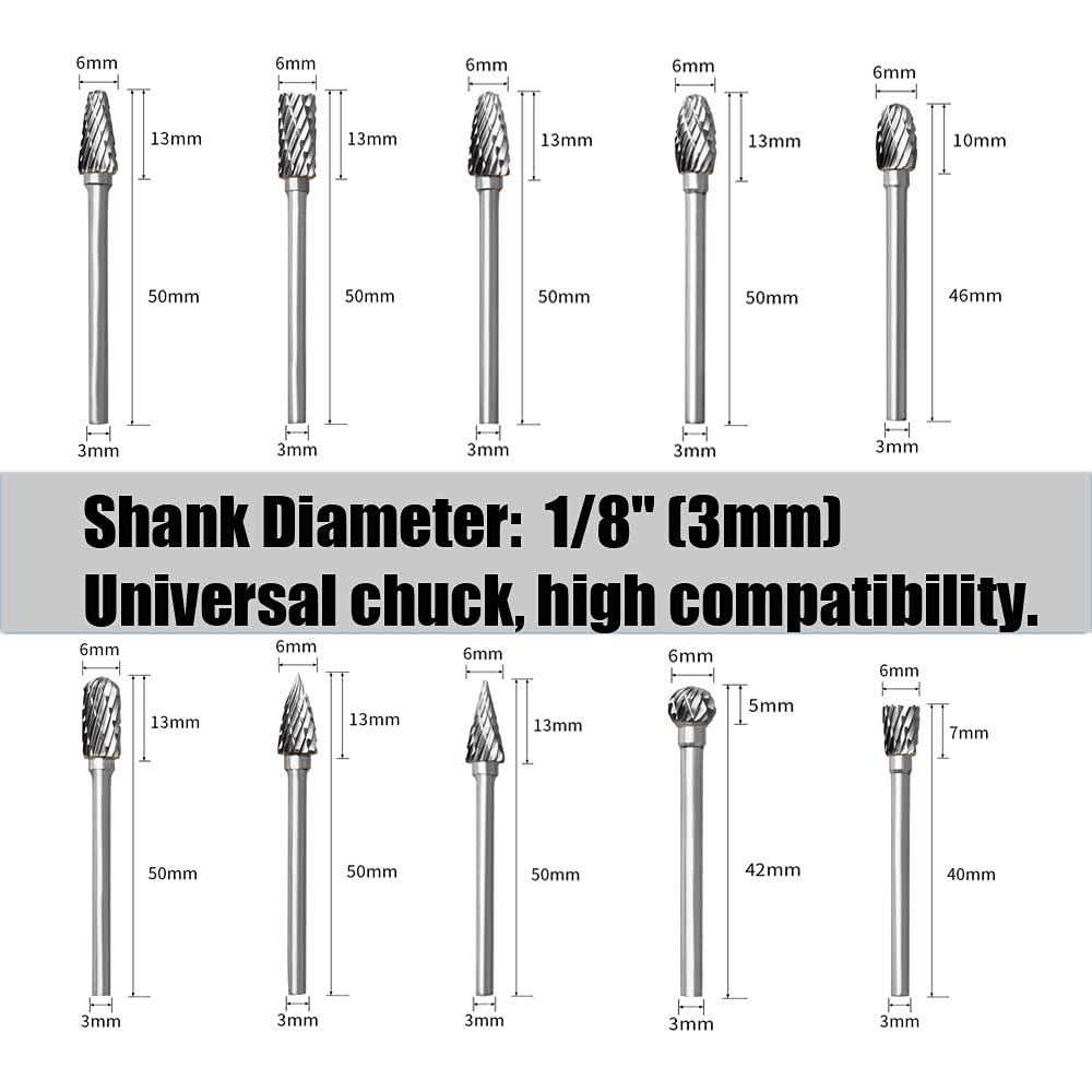 FOTYBEI Tungsten Carbide Rotary Burr Set for Dremel 10pcs Carbide Double Cut Carving Burr Bits with 1/8 Shank Rotary Tool Accessories - Image 4