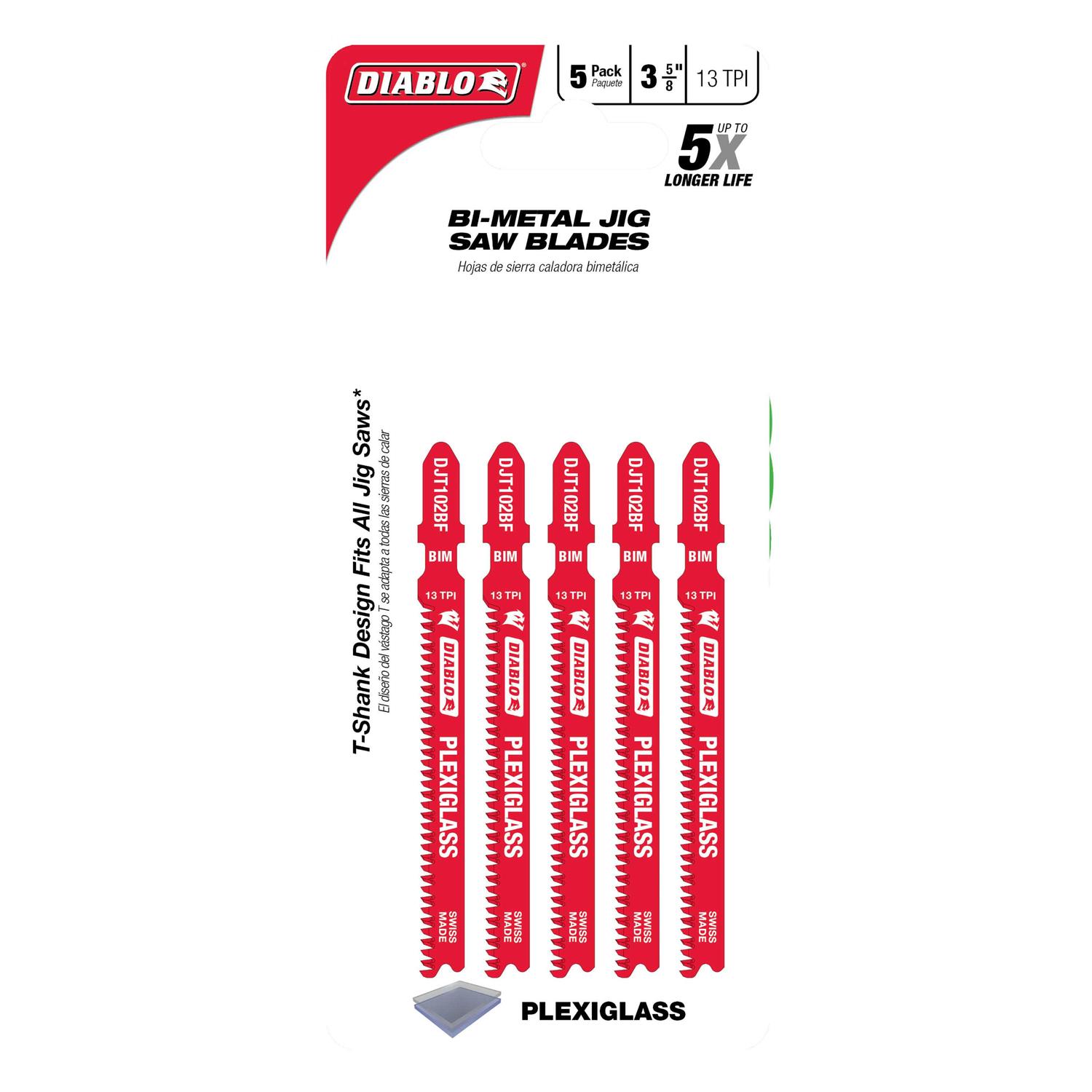 Diablo 3-5/8 in. 13 TPI Bi-Metal T-Shank Jig Saw Blades for Plexiglass DJT102BF5 - Image 4
