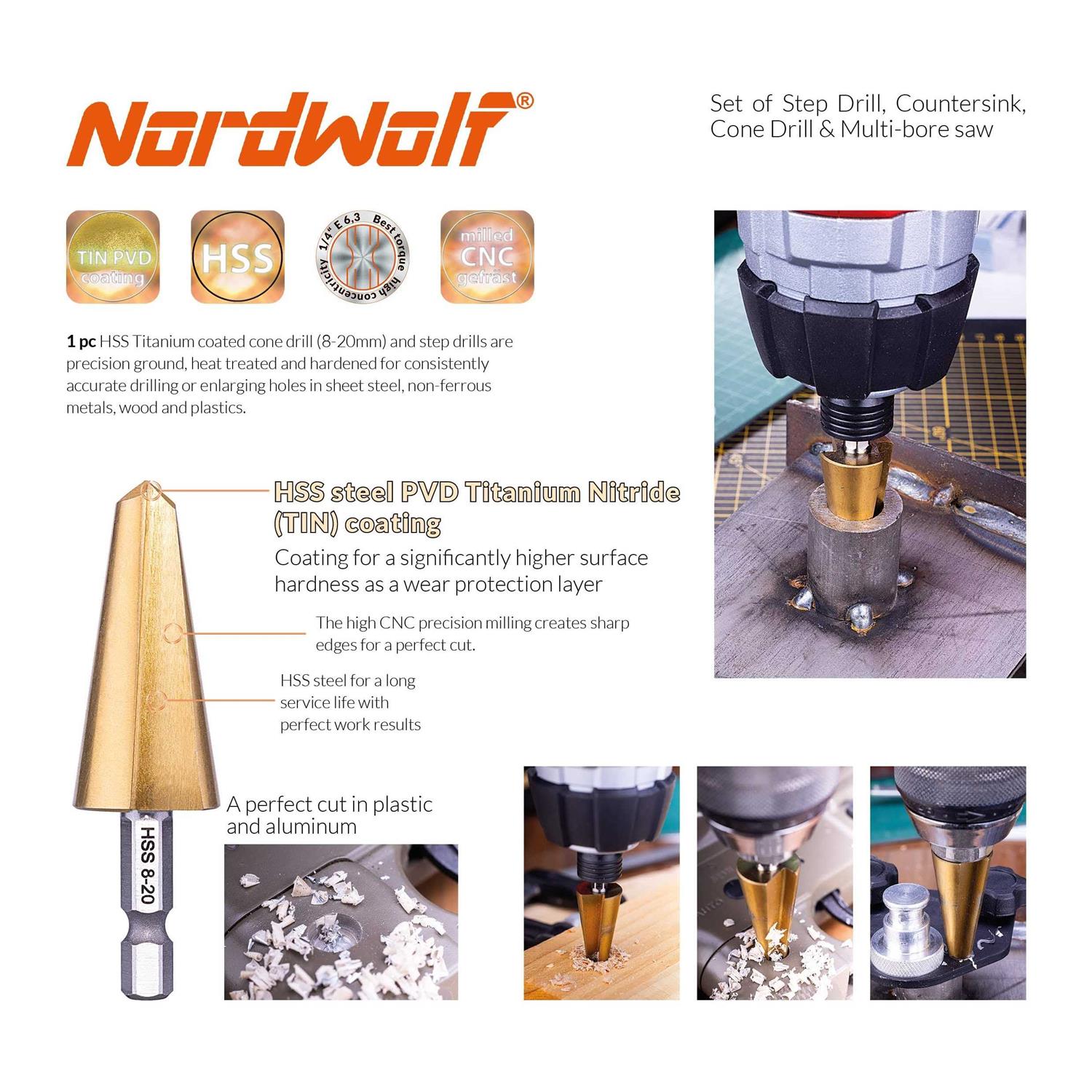 NordWolf 12-Piece HSS Titanium Metric Step Countersink Cone Drills with 1/4 Hex Shank - Image 3
