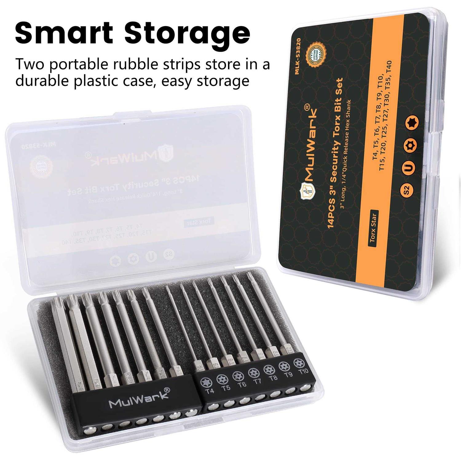 MulWark 14pc Security Torx Bit Set 3 Long Tamper Proof Star Screwdriver Bit Set 1/4 Hex Shank S2 Steel T4 - Image 3